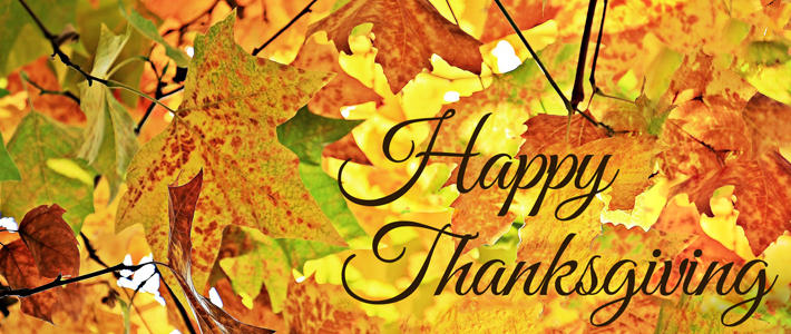 A mesh of orange, yellow, and red leaves attached to tree branches. The text on this images reads "Happy Thanksgiving".