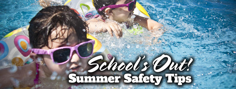 Kids in yellow float devices are swimming in a crystal clear pool. The text on this image reads "School's Out! Summer Safety Tips".