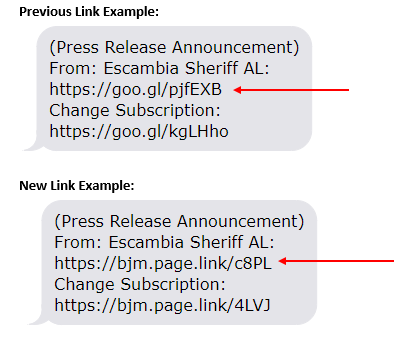 Screenshots of current text alert link example compared to new text alert link example